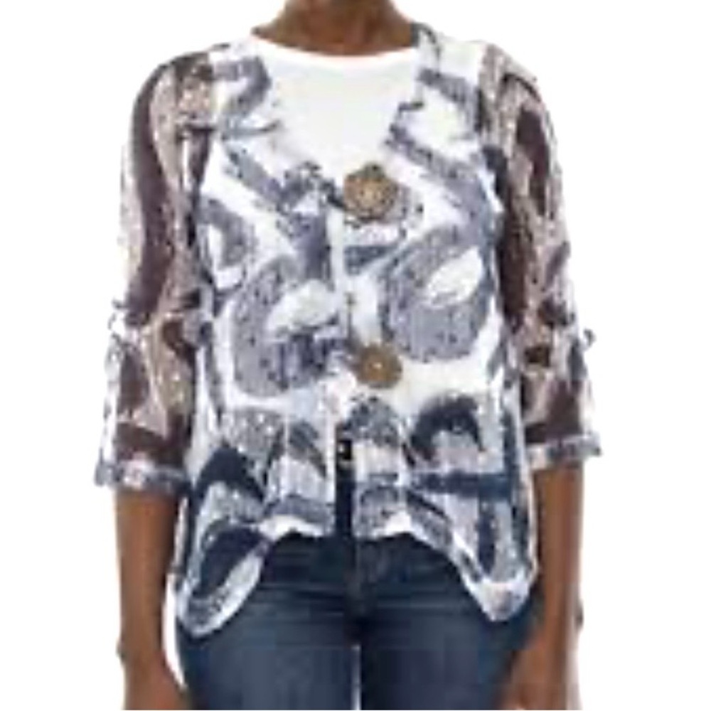 Nina Leonard Open Weave Top‎ Decorative buttons Lightweight Abstract Women’s M